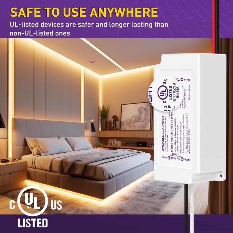 HitLights 60W Dimmable LED Driver, Electronic Transformer, 120V AC to 24V DC Power Supply for LED Strip Light, Low Voltage Lighting Project, Compatible with Lutron Leviton Dimmers, UL Listed, Class 2 - Image 5